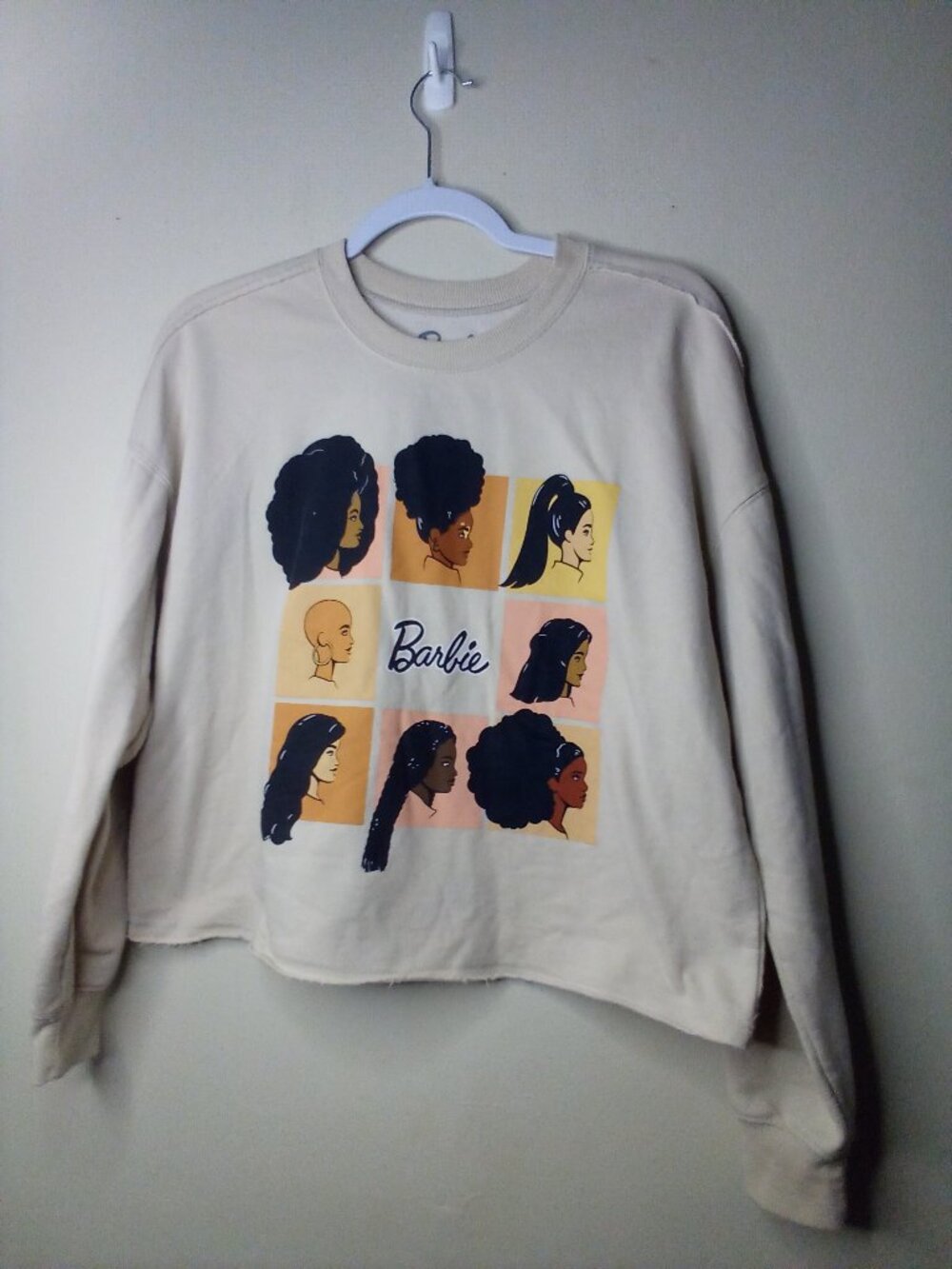Barbie Sweatshirt Women M African American Hairstyle Raw Hem Tan